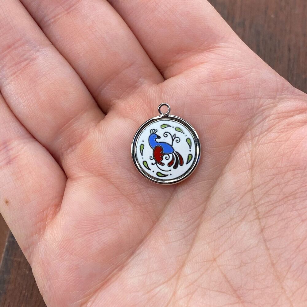 Vintage 925 Sterling Silver Enamel Hoffman Good Luck Peacock Bracelet Charm